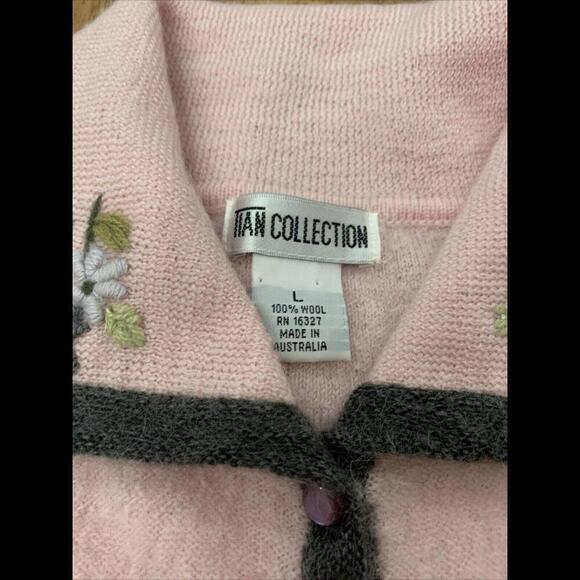 VTG Tian Womens Cardigan Sweater Sz L Pink Australian Wool Floral Cottagecore - Picture 2 of 10